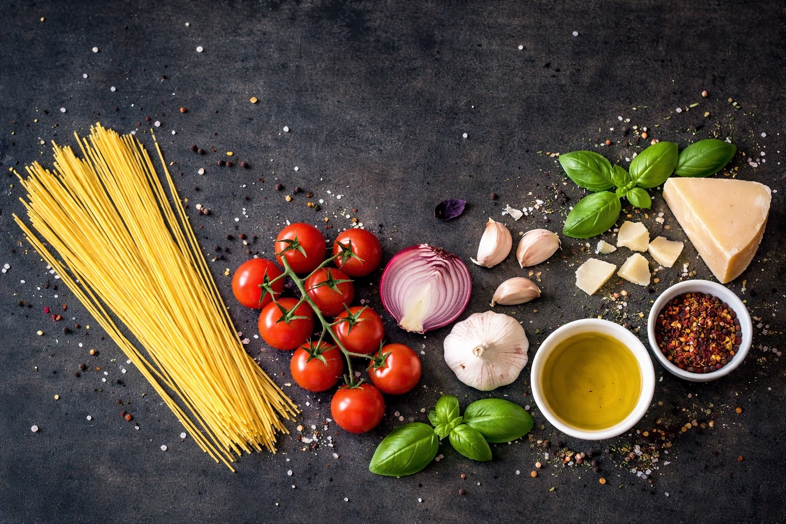Spaghetti Tomaten Knoblauch Käse und weitere Zutraten auf dem Tisch