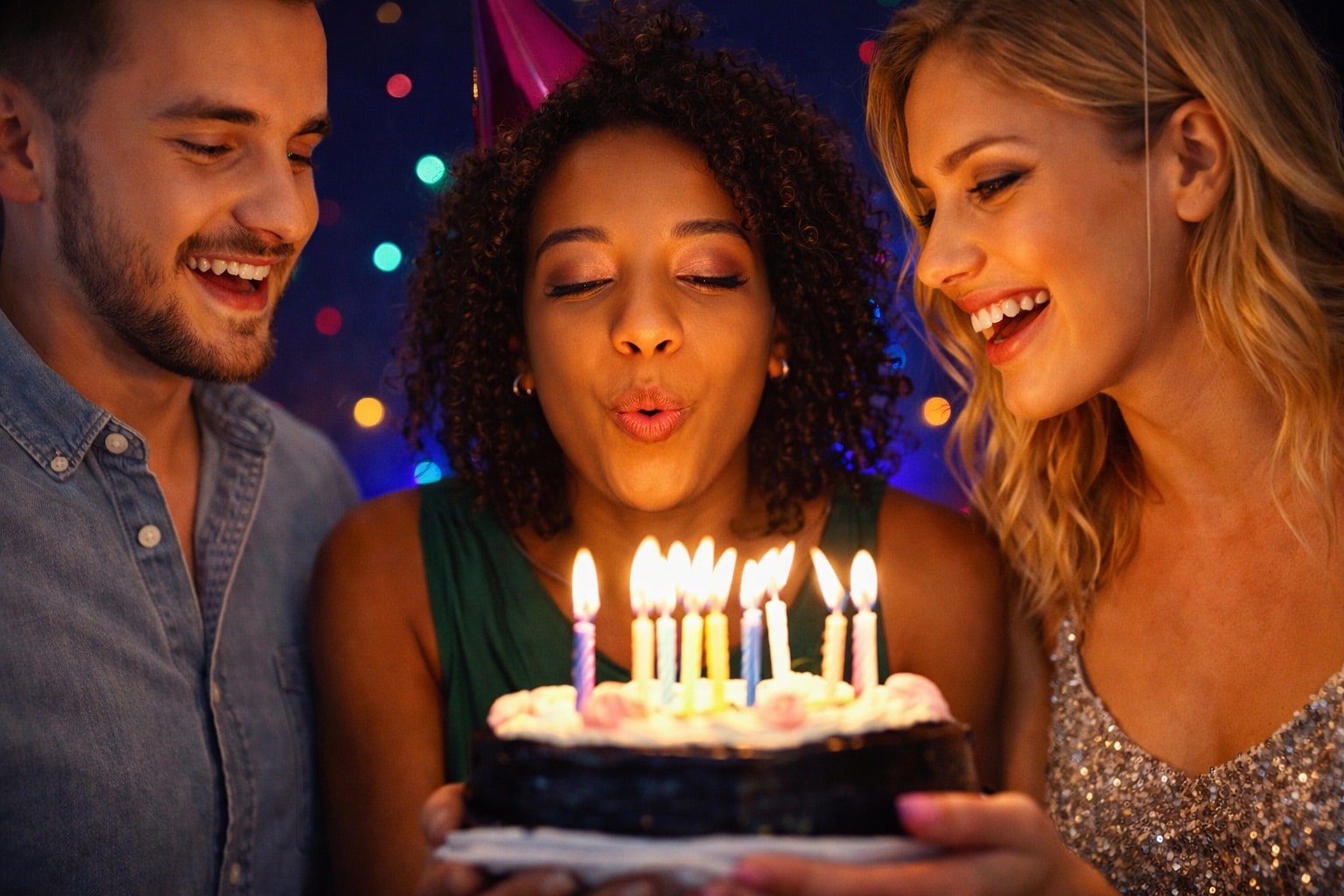 drei junge Leute feiern Geburtstag Torte mit Kerzen